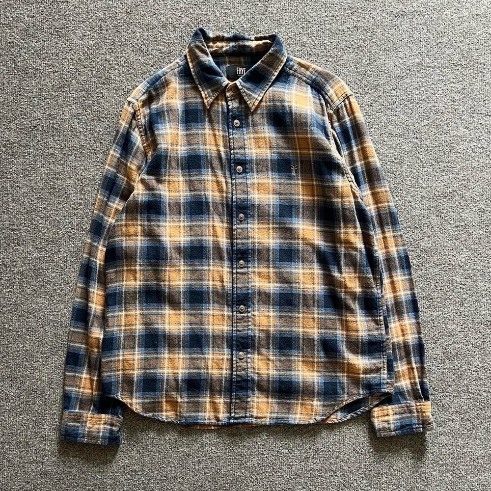 Frye Plaid Flannel Button Down Long Sleeve Shirt Men’s L 100% Cotton‎ Camel Blue